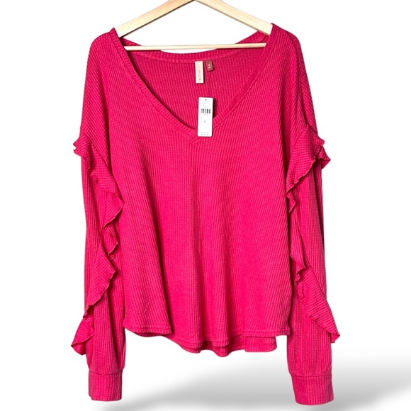 ANTHROPOLOGIE PILCRO Pink Waffle Knit Long Sleeve Tee Ruffle Sleeve Detail Sz XL - Picture 3 of 11